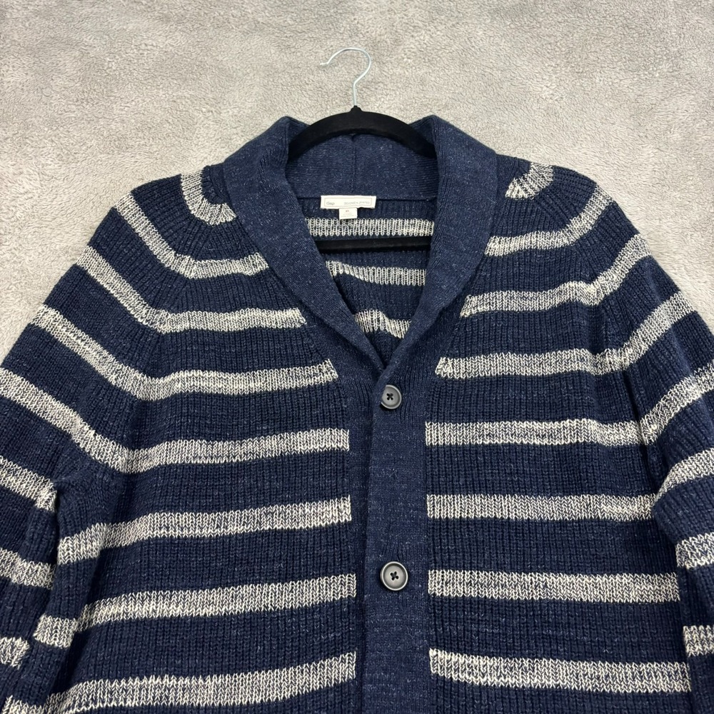 VTG Gap Shawl Cardigan Sweater Mens XL Navy Blue Stripe Preppy Chunky Schoolboy - Picture 3 of 16